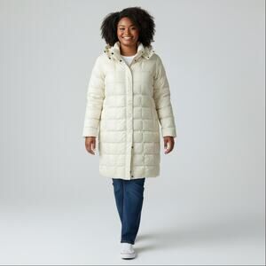 Lands' End Down Puffer Extra Warm Parka Womens 2X Ivory Hooded Long EUC